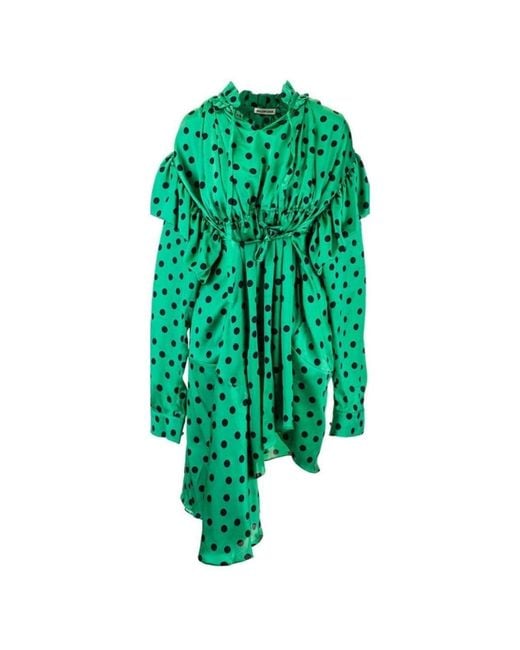 Balenciaga Green Polka Dot Print Long Sleeve Logo Jacquard Babydoll Dress