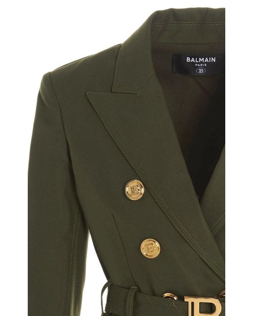 Balmain Green Belted Double-breasted Cotton Blazer