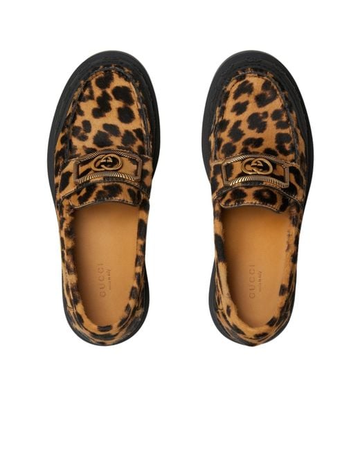 Gucci Brown Interlocking G Leopard Print Leather Loafers