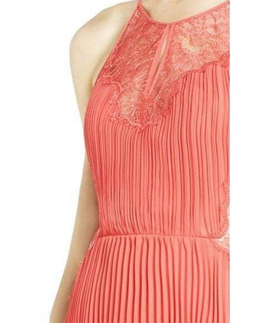 BCBGMAXAZRIA Red Maryella Deep Coral Pleat And Lace Dres