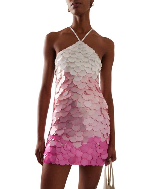 DES_PHEMMES Pink Paillette Sequinned Mesh Halter Mini Dress