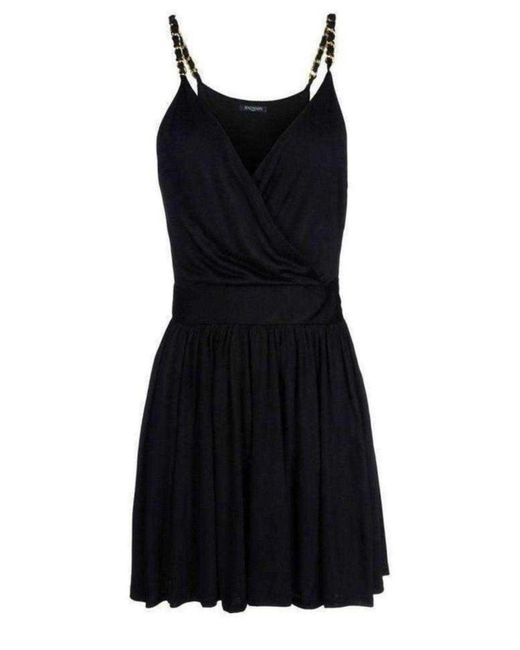 Balmain Black Fitted Wrap Metal Chain Straps Dress