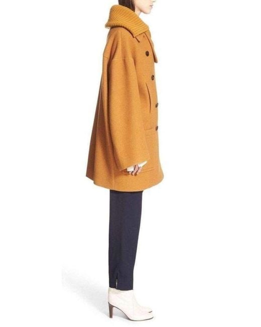 Chloé Brown Rib Knit Collar Double Breasted Wool Coat