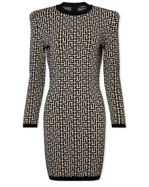 Balmain Black Monogram Jacquard Wool Blend Minidress