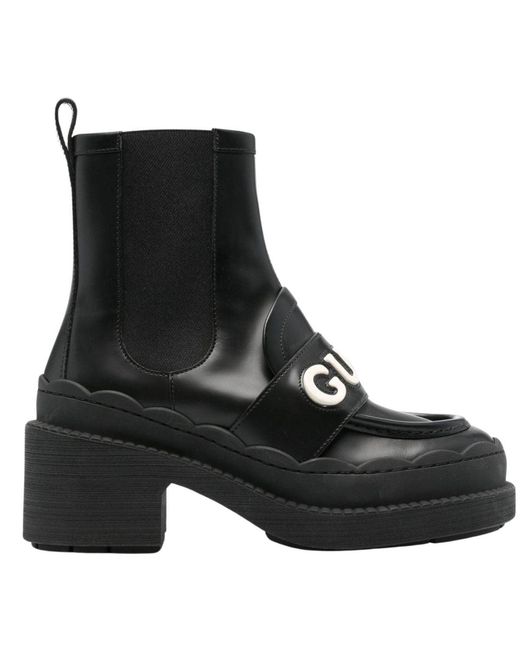Gucci Black Ornella Logo Applique Leather Ankle Boots