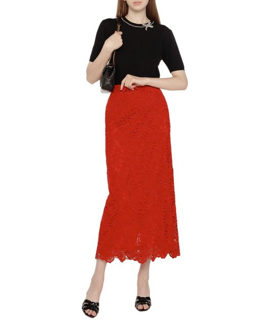Valentino Red Floral Guipure Lace Pencil Skirt