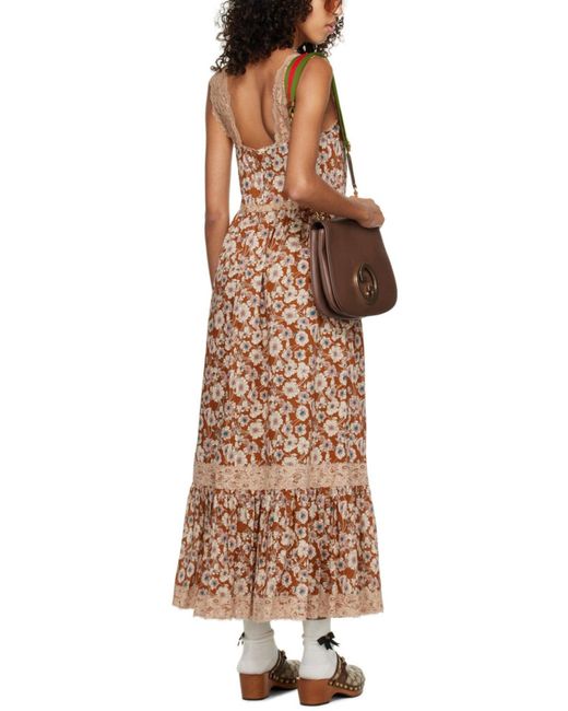Gucci Natural Floral-print Lace-trimmed Twill Dress