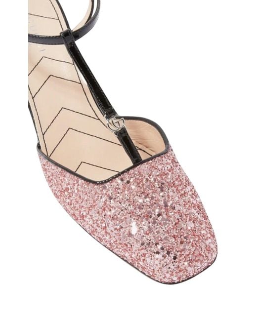 Gucci Pink Glitter Slingback Double G Pumps 55mm