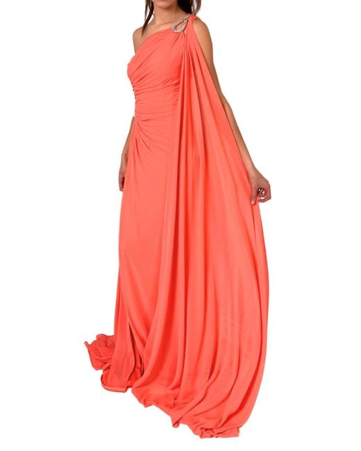 Cult Moda Red One Shoulder Beaded Gown In Coral
