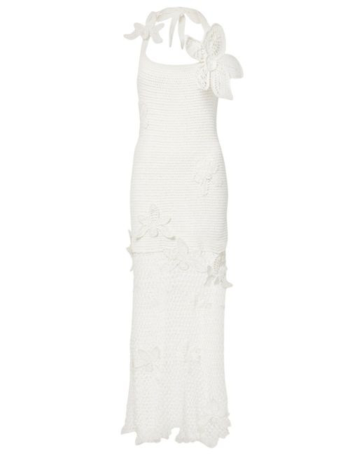 Oscar de la Renta White Halter Orchid Crochet Knit Dress