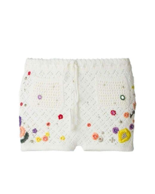Emilio Pucci White Poppy Rocks Embellished Crochet Shorts