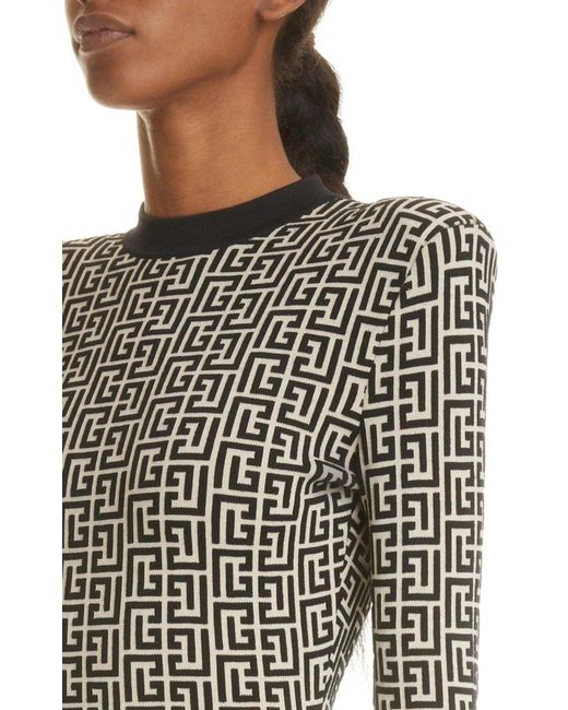 Balmain Black Monogram Jacquard Wool Blend Minidress