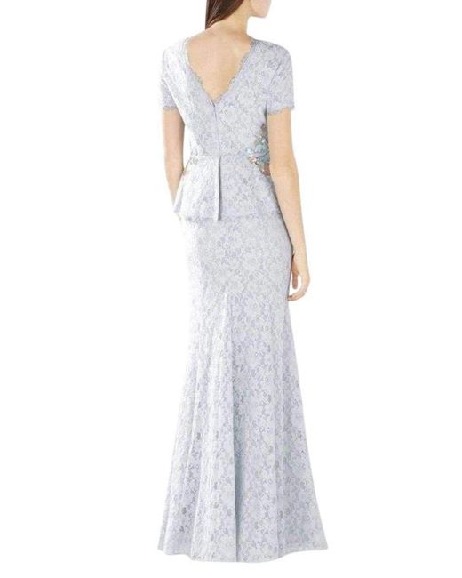 BCBGMAXAZRIA Blue Anaya Lace Peplum Sequin Detail Gown