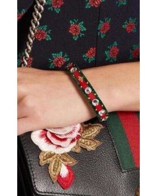 Gucci Green Vintage Web Cuff Bracelet With Crystals