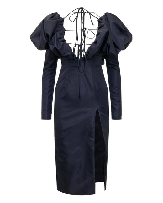 LAQUAN SMITH Blue Faille Halter Neck Puff Sleeve Midi Dress