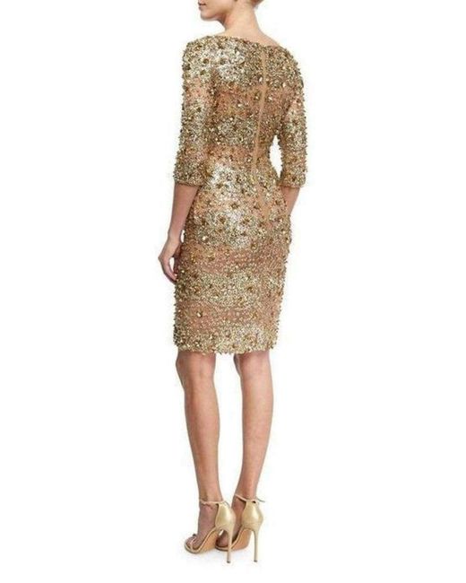 Naeem Khan Metallic Beaded Gold Fitted Cocktail Dress