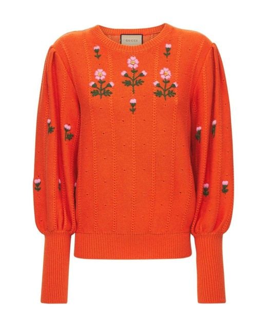 Gucci Orange Floral Embroidered Wool Blend Sweater