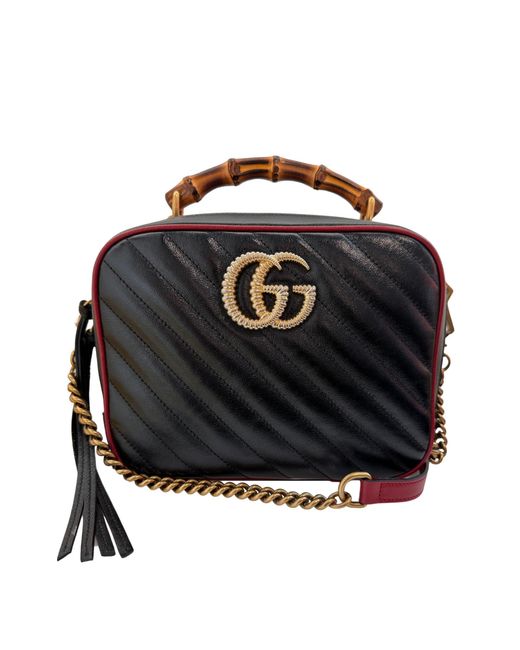 Gucci Black GG Marmont Matelassé Bamboo Handle Shoulder Bag