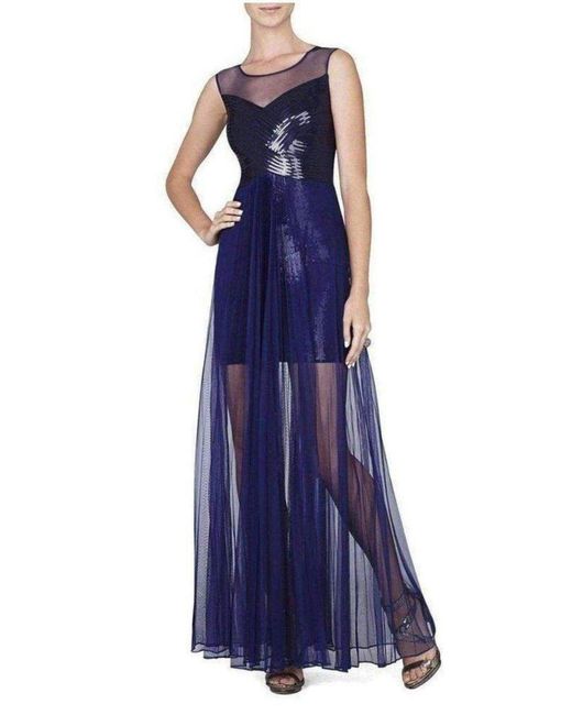 BCBGMAXAZRIA Blue Cynthia Sequinned Detail Sunburst Pleated Gown