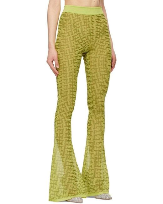 Balmain Green Semi-sheer Monogram Pattern Flared Pants