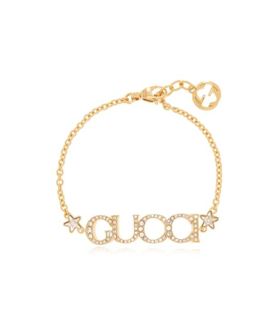 Gucci Metallic Script Crystal Logo Bracelet Gold
