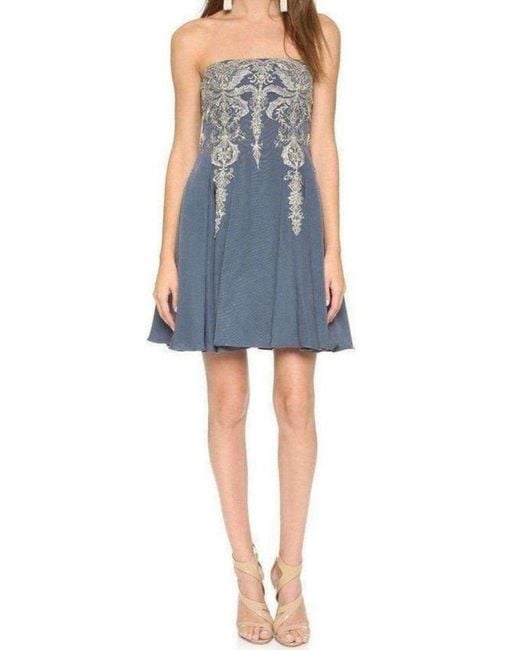 Marchesa Blue Embroidered Floral Strapless Dress