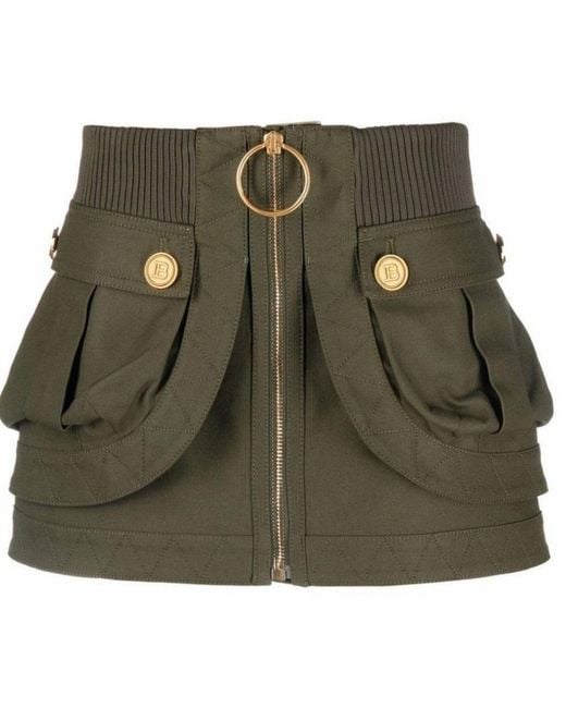 Balmain Green Patch-pockets Mini Denim Skirt