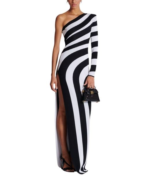 Balmain Multicolor Striped One-Shoulder Gown