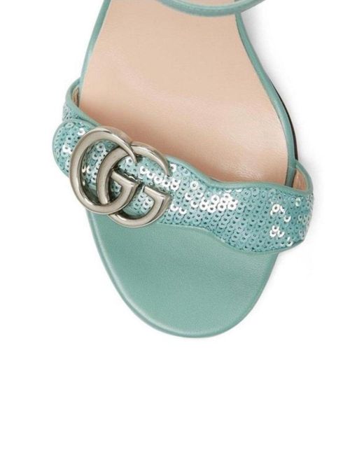 Gucci Blue Green Sequin GG Marmont Mid Heeled Sandals