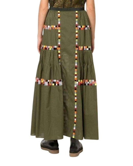 Sacai Green Military Embroidered Long Skirt