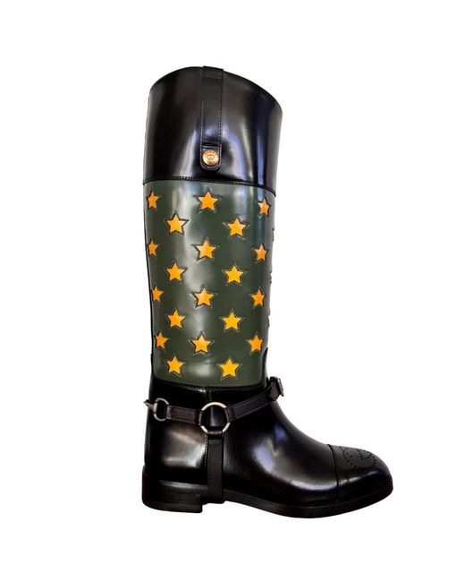Gucci Black Abstract Art Pop Leather Riding Boot