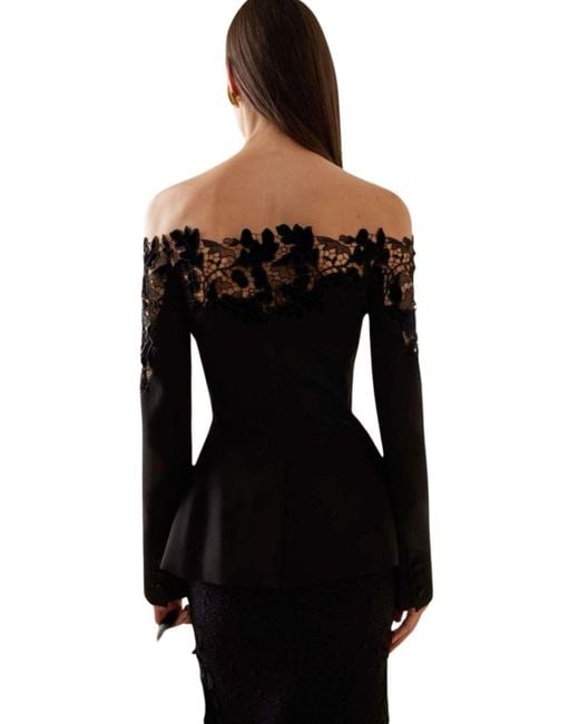 Oscar de la Renta Black Off-shoulder Velvet Guipure Lace Blazer