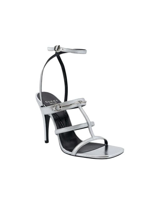 Gucci White Horsebit Silver Leather Sandals