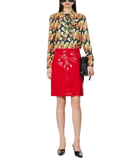 Gucci Red Vinyl Mid Waist Midi Skirt