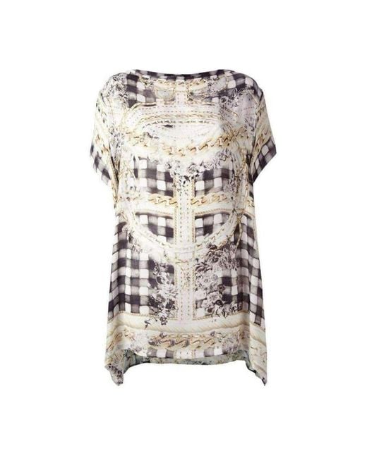 Balmain Gray Cream Printed Silk Tunic Dress With Batwing Sleeves