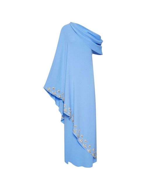 Oscar de la Renta Blue One Shoulder Drape Crystal Embroidered Dress