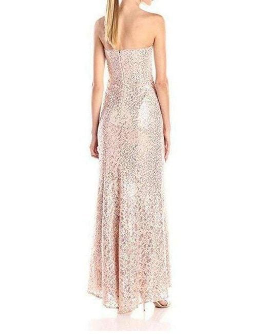 BCBGMAXAZRIA Natural Strapless Chiffon Sequined Cutout Evening Dress