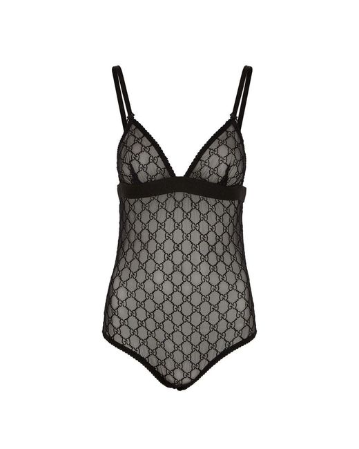 Gucci Black GG Embroidered Sheer Tulle Bodysuit