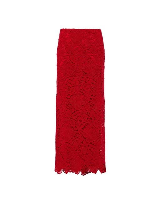 Valentino Red Floral Guipure Lace Pencil Skirt