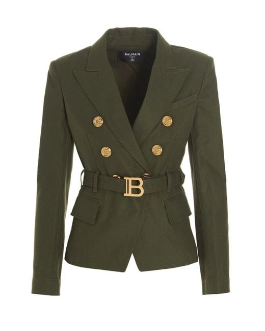 Balmain Green Belted Double-breasted Blazer Jacket