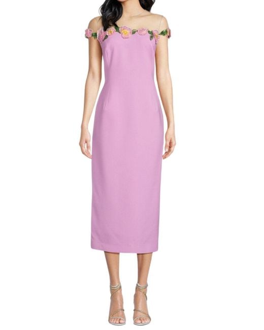 Oscar de la Renta Purple Floral-embellished Sheath Midi Dress