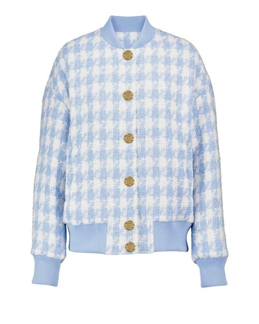 Balmain Blue Houndstooth Cotton-blend Tweed Bomber Jacket