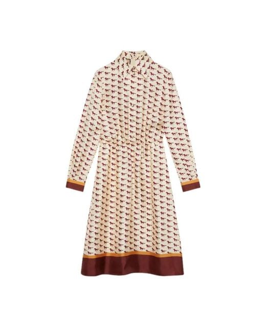 Gucci Natural Diagonal Horses Print Silk Shirt Dress