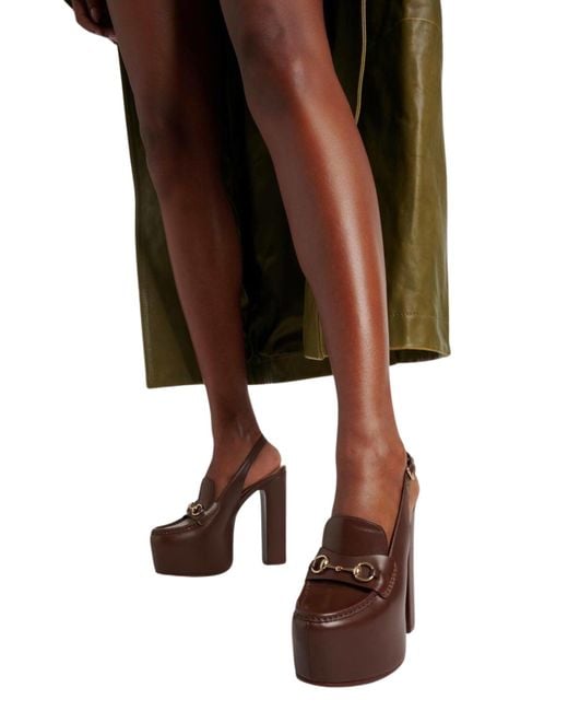 Gucci Brown Ottavia Horsebit Loafer 145mm Platform Slingback Pumps