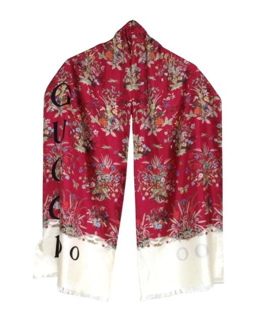 Gucci Red 100th Anniversary Floral Silk Scarf Burgundy