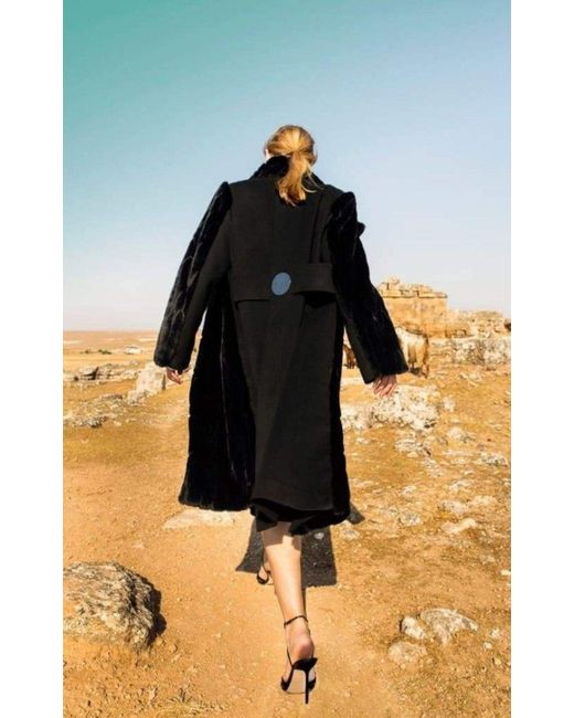Cult Moda Black Faux Fur Details Long Trench Coat