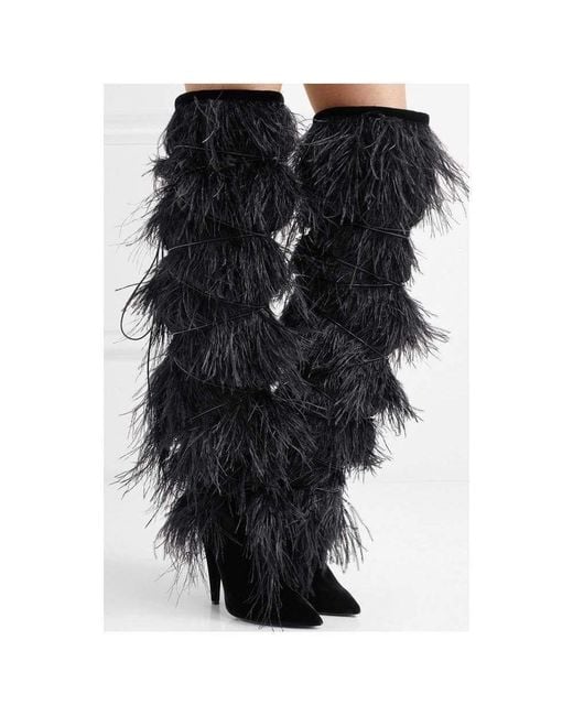 Saint Laurent Suede Ysl Yeti Feather Over The Knee Boots in Black ...