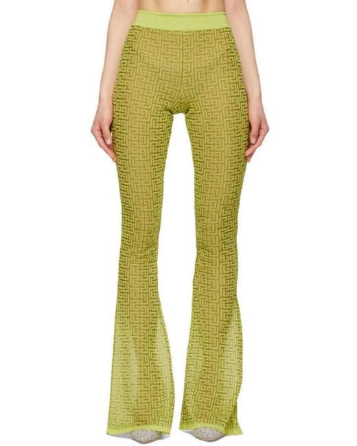 Balmain Green Semi-sheer Monogram Pattern Flared Pants