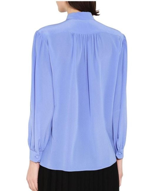 Gucci Blue Ruffle-neck Silk Blouse