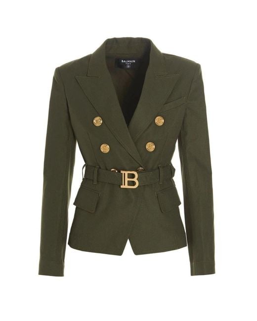 Balmain Green Belted Double-breasted Blazer Jacket